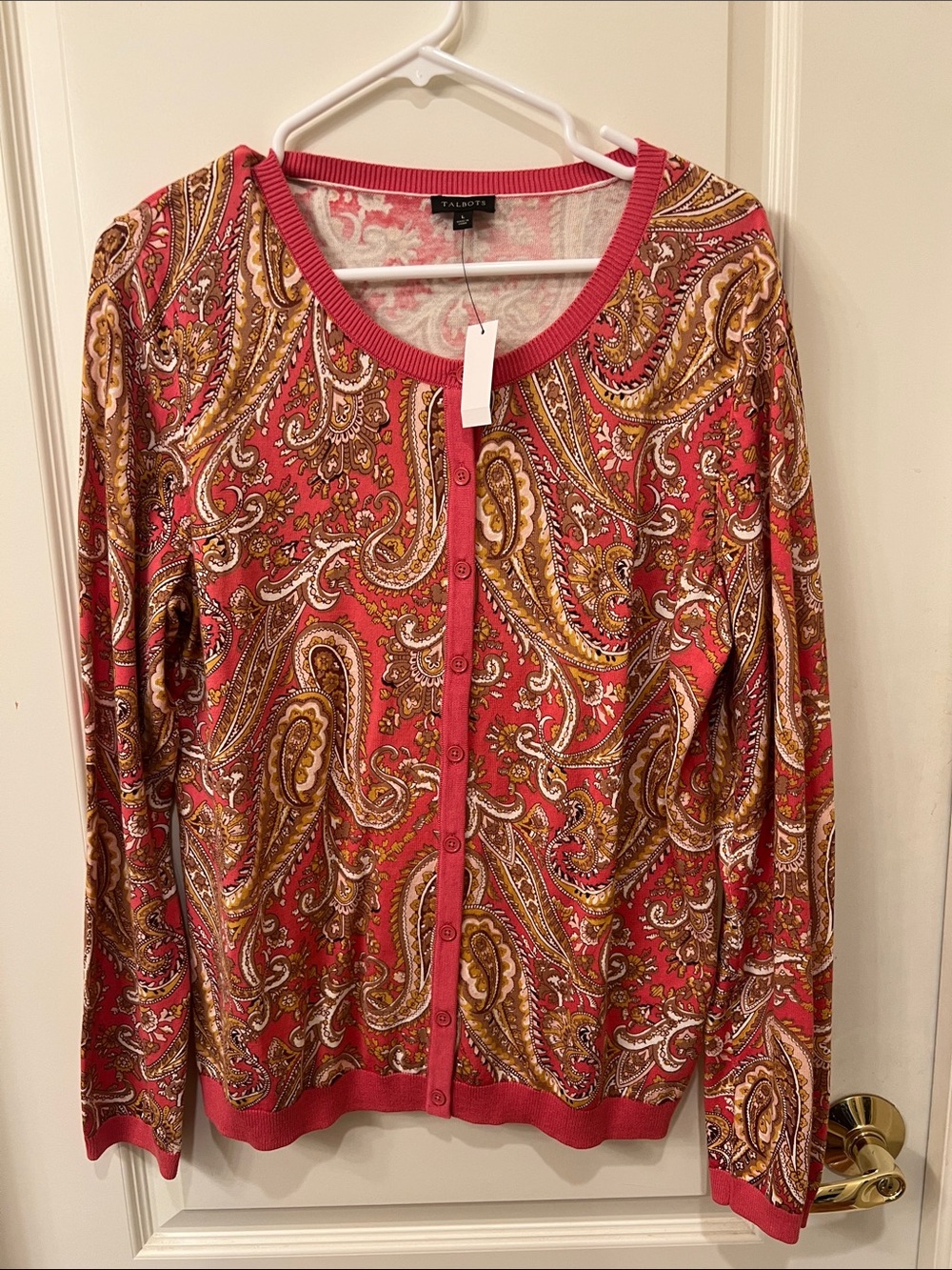 Talbots Coral Pink and Mustard Paisley Button Cardigan